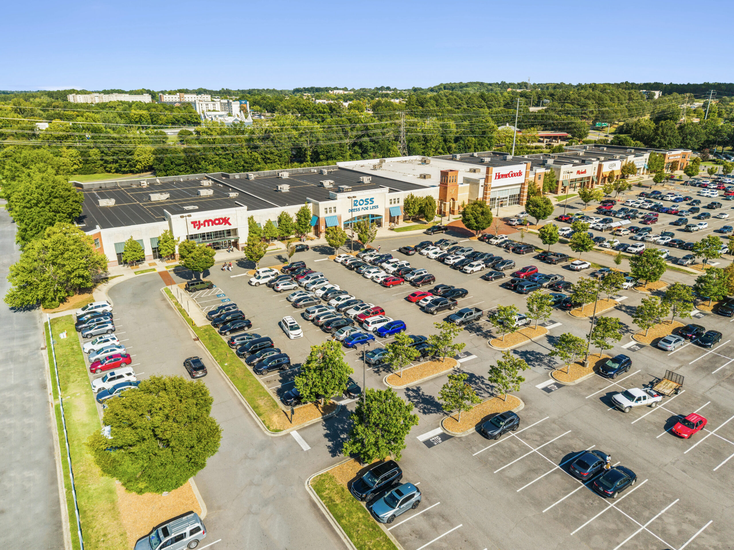 Aerial view of Manchester Village in Rock Hill, SC, anchored by TJ Maxx, Ross Dress for Less, and HomeGoods